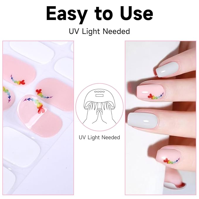 Semi Cured Gel Nail Strips, 28 pcs Gel Nail Stickers, Work with Any UV Lights, Long-Lasting Nail Wraps, Stick on Nails for women Easy to Apply & Remove
