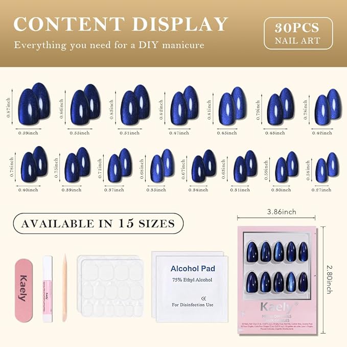 evpct Dark Blue Press on Nails Almond Short, Royal Blue Cat Eye Glitter Press on Nails for Women Gift, Soft Gel Press Stick on Nail with Nail Kit, Full Cover, 30Pcs Reusable Acrylic Fake Nails Kit
