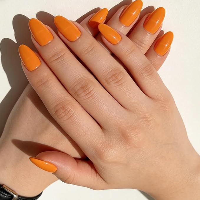 Orange Press on Nails Medium, False Acrylic Nails Press Ons,Jelly Fake Nails,Natural Petite Glue on Nails,Stick on Nails for Women Girls in 30 PCS