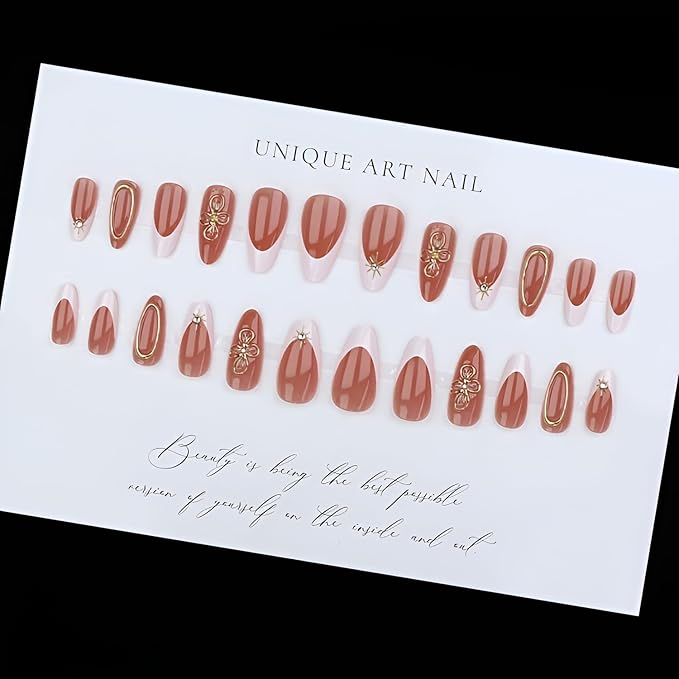 White French Tip Fake Nails Medium Almond Press on Nails Gold Flower Nails Press Ons Glossy Full Cover Glue on Nail Star False Nails Acrylic Stick on Nail for Women Decorations Set 24Pcs