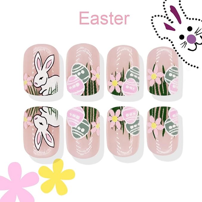 Easter Rabbit Fake Nails Short Square Shaped Press on Nails Full Cover False Nails with Flower Grass Designs Glossy Acrylic Nails Cute Bunny Easter Eggs Stick on Nails for Women DIY Manicure 24 Pcs