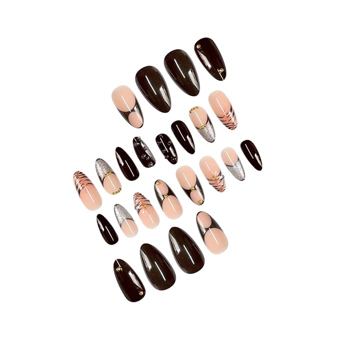 Long Press on Nails Almond Fake Nails Brown Acrylic Nail Press ons French with 3D Floral Designs Stick on Nail for Women 24pcs