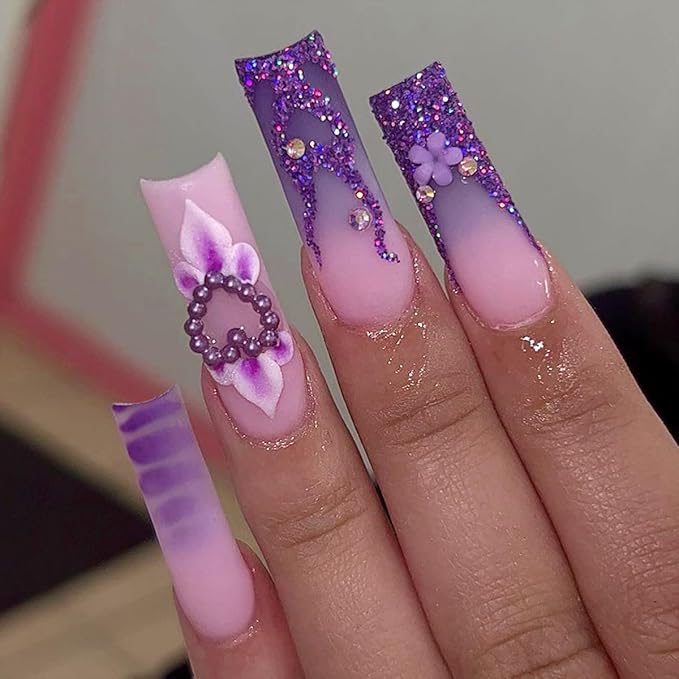 24Pcs CEWEWP Purple Press on Nails Long Coffin False Nails with Pearl Charm Rhinestone Design Glossy Stick on Nails for Women