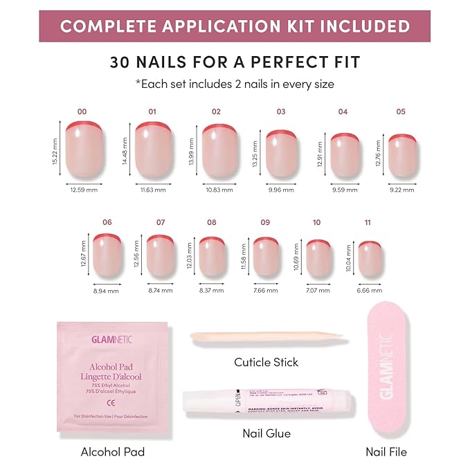 Valentines Day Glamnetic Press On Nails - Hotline Red | Super Short Fake Nails in Fiery Red French Tips on Semi-Transparent Base in a Glazed Finish | 15 Sizes - 30 Nail Kit with Glue