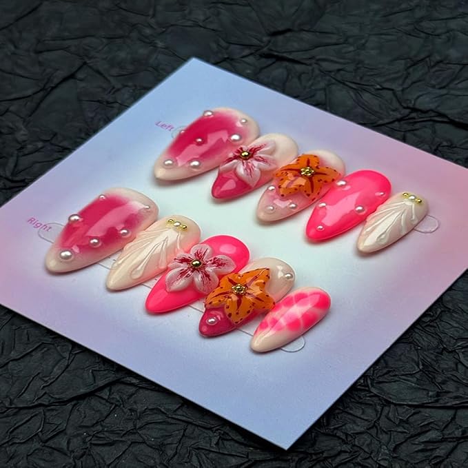 100% Handmade Press on Nails Medium Almond Handmade Nails with Flower Starfish Charm Design Ombre Rose Pink Fake Nails Glossy Pearl Nail Press ons Reusable Spring Summer Nails for Women Size M 10Pcs