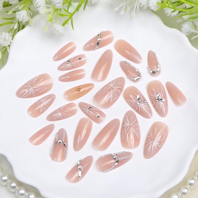 Almond Press on Nails Medium Fake Nails Nude Pink Nails Press ons with 3D Rhinestones Silver Pearl Designs Acrylic Nail Glossy Stick on Nail for Women 24 Pcs