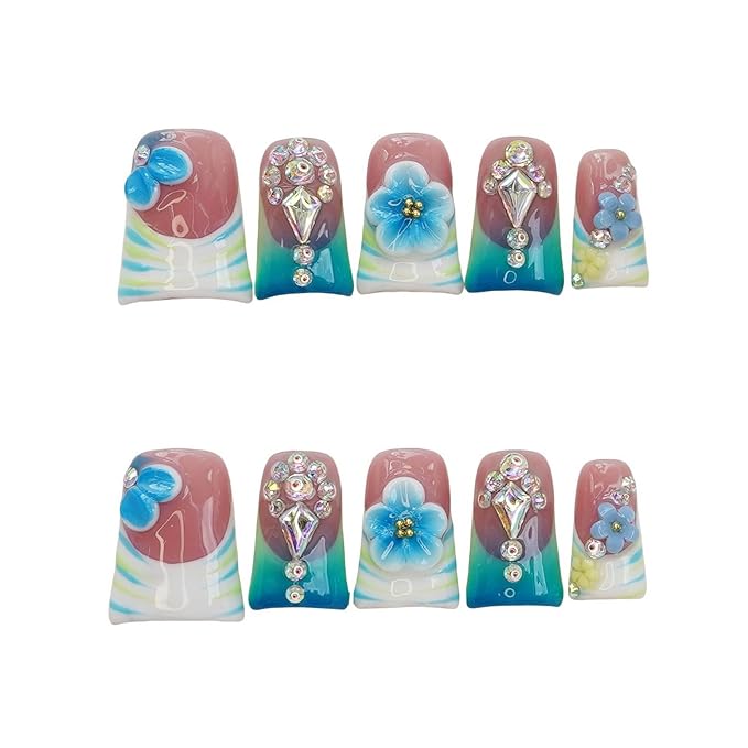 10pcs Handmade Press on Nails Medium Duck Curve Shape – 3D Floral Mushroom Jelly Shell Bow Cherry Chrome Bling Thick Reusable Fake Nails,Boho Y2K Aesthetic Accessories (white green, M)