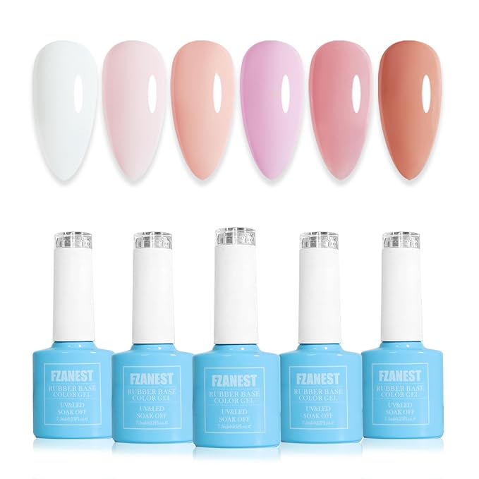 FZANEST Hema-Free Rubber Base Builder Gel Set, 6 Colors Nude Pink Gel Polish Sheer Milky White Natural Nail Polish French Tips Base Colors Nails Strengthener Soak Off Gift for Womens