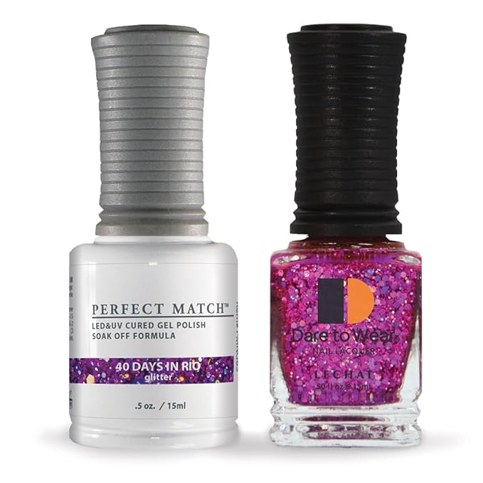 LeChat - Perfect Match Gel Polish - 40 Days In Rio - Purple and Pink Holographic Hexes and Pink Micro Glitter on a Sheer Orchid Base - (0.5 Ounce) - Easy Application - Soak Off Formula