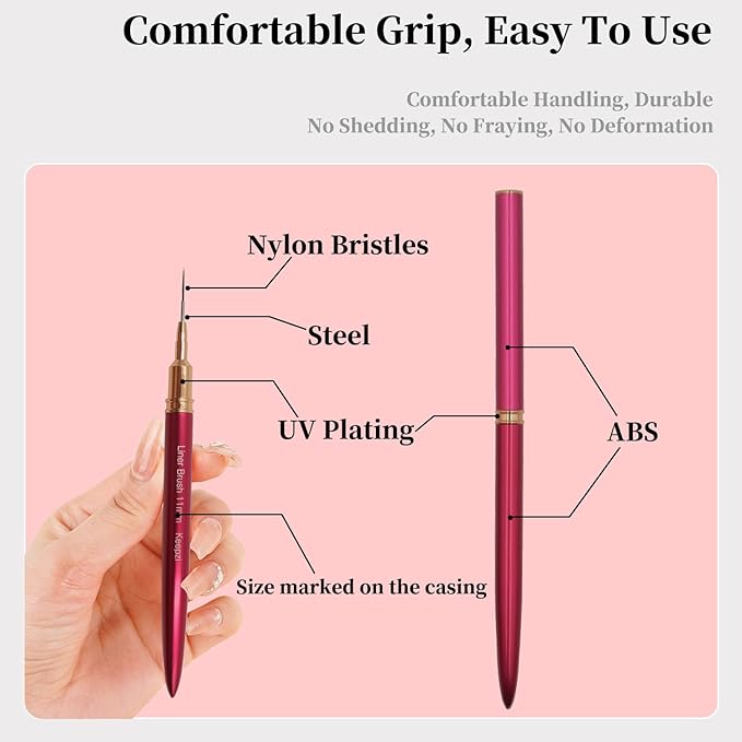 French Tip Design Nail Polish Liner Brush, 5 Pack Thin Fine Line Gel Art Paint Brushes for Nails Detailing, Pinceles Para Decorar Uñas - Hot Pink (25/15/11/9/7Mm)