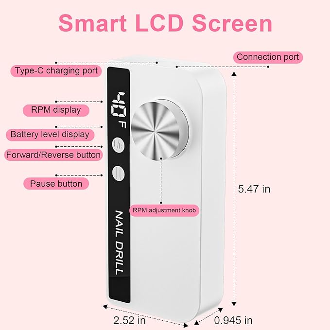 Professional Electric Nail Drill 40000RPM for Salon Home Use, Rechargeable Nail File Machine Kit with 12PCS Bits for Acrylic Gel Nails, Portable Efile Manicure Pedicure Tool (White)