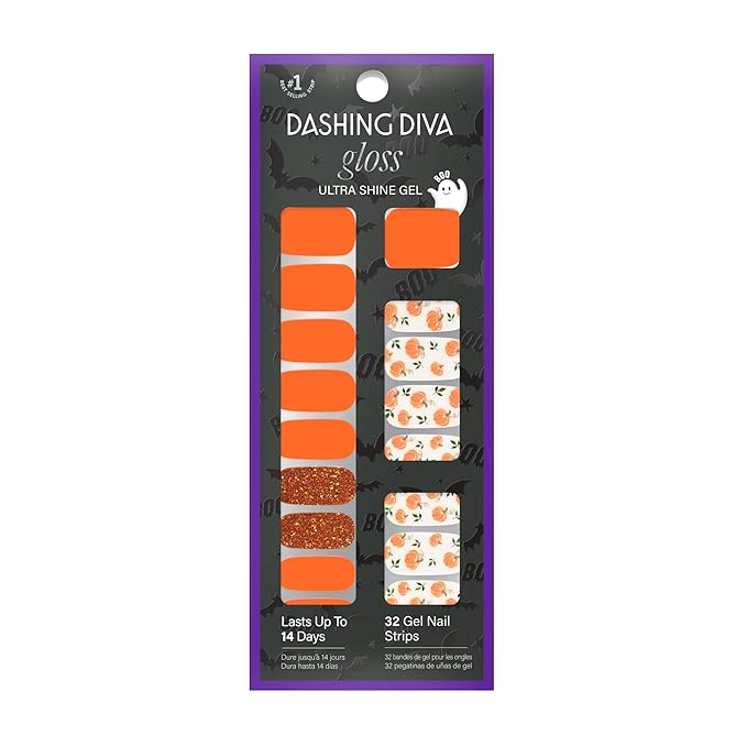 Dashing Diva Gloss Nail Strips - The Great Pumpkin - UV Free, Chip Resistant, Long Lasting Gel Nail Stickers - 3-Piece Halloween Manicure Set - Contains 32 Wraps, 1 Prep Pad, 1 File