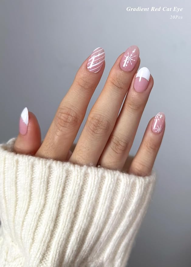 Semi Cured Gel Nail Strips (French Snowflake), Christmas, 20 Pcs Gel Nail Wraps, Stickers, Salon Quality, Long Lasting, Works with Any UV Lamps