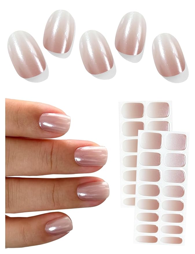 Semi Cured Gel Nail Strips (Chrome Omber Beige), Pearl Glazed, 30 Pcs Gel Nail Wraps, Stickers, UV Light Required