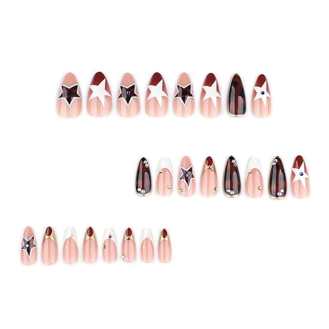 Press on Nails Medium - Almond Fake Nails with Star Design - Brown Full Cover Stick on False Nails - for Women Fall Manicure 24 Pcs