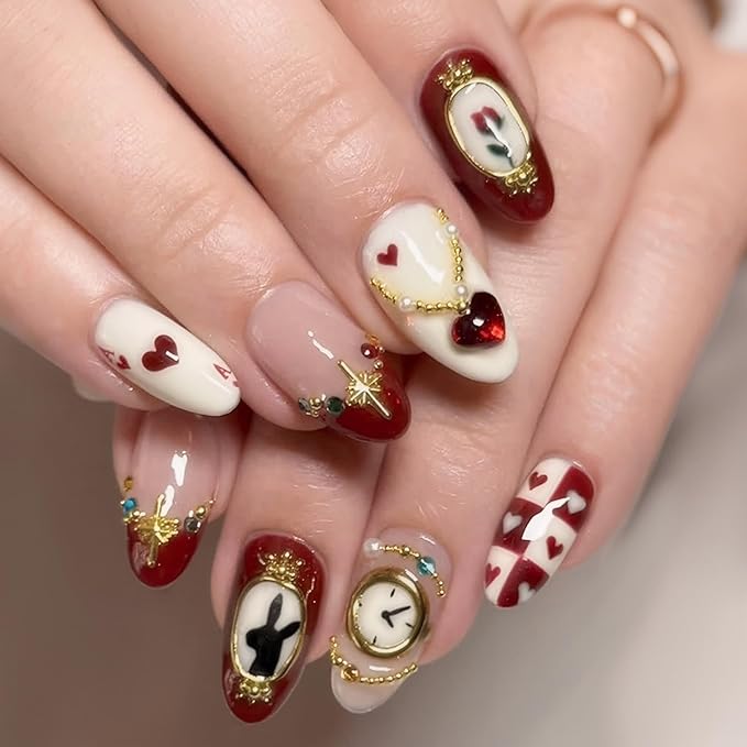 Medium Press on Nails Almond False Nail with Winter Gold Hearts Diamods Designs Fake Nails Press Ons Gift for Women 24pcs