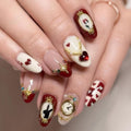 Medium Press on Nails Almond False Nail with Winter Gold Hearts Diamods Designs Fake Nails Press Ons Gift for Women 24pcs