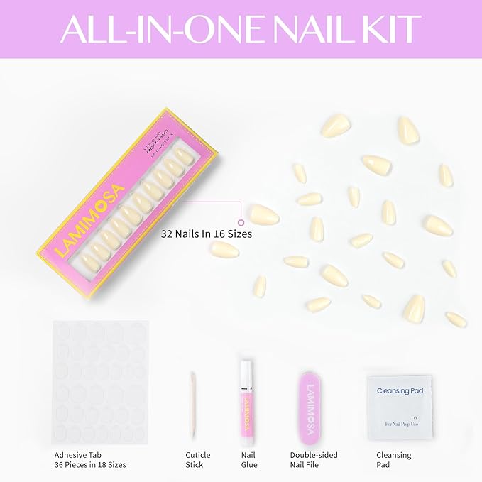 LAMIMOSA 32Pcs Solid Press On Nails Short Almond – Soft Gel Fake Nails in 16 Sizes, Butter Yellow Glue on Nail kit, BUTTERCUP