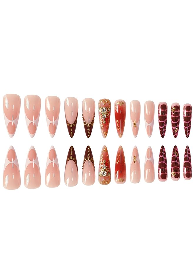 Almond Press on Nails Long Fake Nails French Red Artificial Nail with Rhinestones Designs Gold Charm Stick on Nail for Women 24pcs