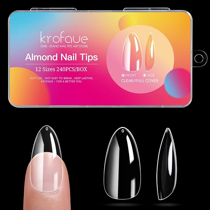 krofaue Short Almond Nails Tips 240Pcs 12 Sizes- Soft Gel Clear No Crease Pre-shape Oval Artificial Acrylic False Full Cover Press on Nails for Extension Home DIY Art