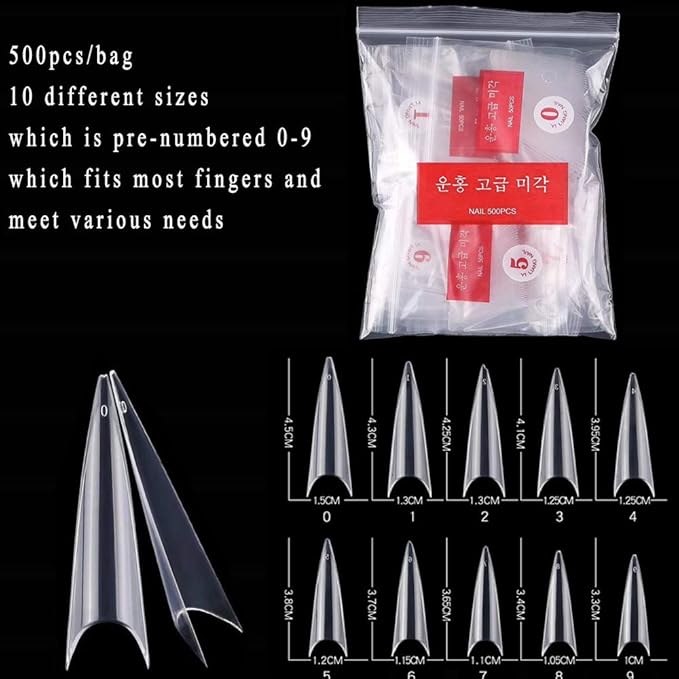 600pcs Stiletto Nail Tips Long Shape Clear Half Cover False Nail Art Tips ，DIY Nail Salon Art 10 Size with Bag