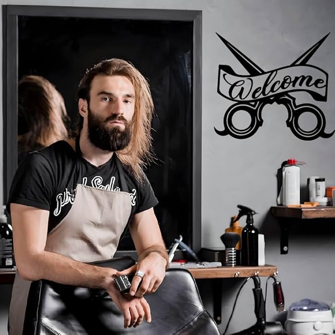 SUPERDANT Welcome Barber Wall Stickers Scissor Design Vinyl Wall Decal Barbershop Art Wallpaper Barber's Store DIY Decoration Window Door Decal 23.6x22.4in