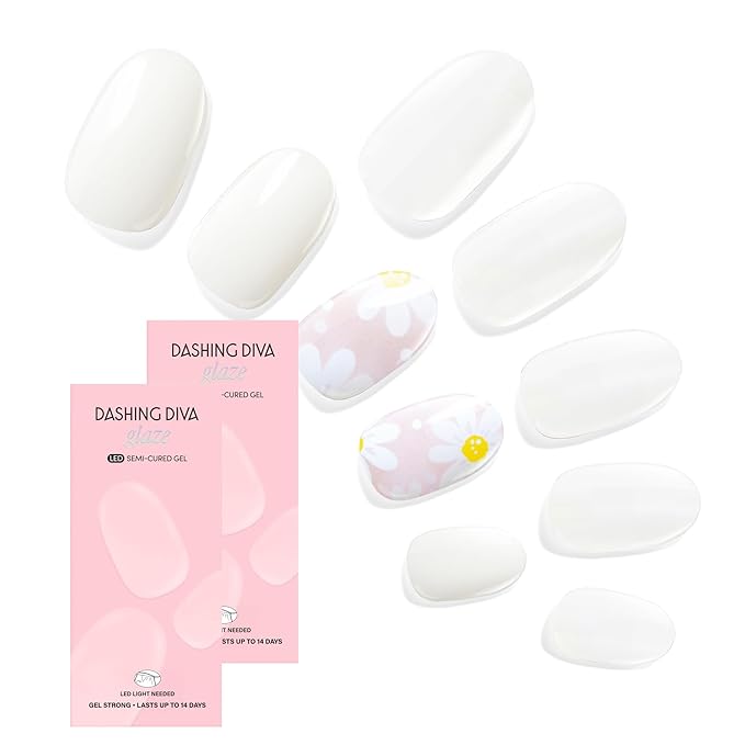 Dashing Diva Glaze Nail Strip Duo - Perfect Petals Collection - Swiss Alps & Daisy Dukes - Long Lasting, Chip Resistant, Semi-Cured Gel Nail Strips - Contains 2 Colors
