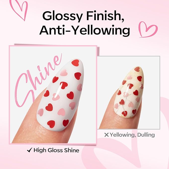 modelones Heart Glitter Gel Top Coat, Valentine's Day 15 ML No Wipe Clear Gel Nail Polish 2 in One Red Pink Color Reflective Hearts Sequins Glossy Shine Long Lasting Soak Off Manicure Gift for Women