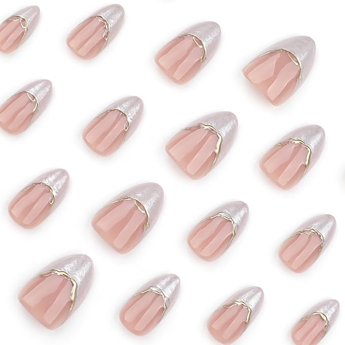 French Short Press On Nails Almond, Nude Fake Nails with Cloudy White French Tip and 3D Gold Line Design, Glossy Gel Finish Acrylic Nails, Natural Reusable Glue On Nails Kit for Women, Gilded Cloud