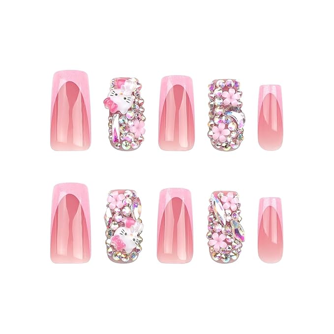 24Pcs Glitter Pink French Tip Press on Nails Medium Length Square Fake Nails with 3D Rhinestones Flower Cute Cat Full Cover Coffin False Nail with Charms Designs Acrylic Nail for Women