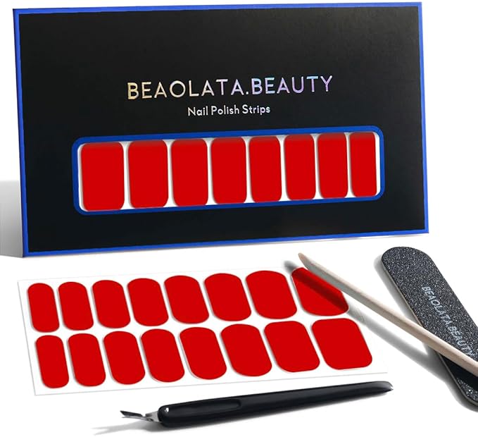 Nail Polish Strips, 32PCS Salon Quality Wraps, Long Lasting Gel Nail Stickers for Women Easy Apply& Remove (Carmine Kiss)
