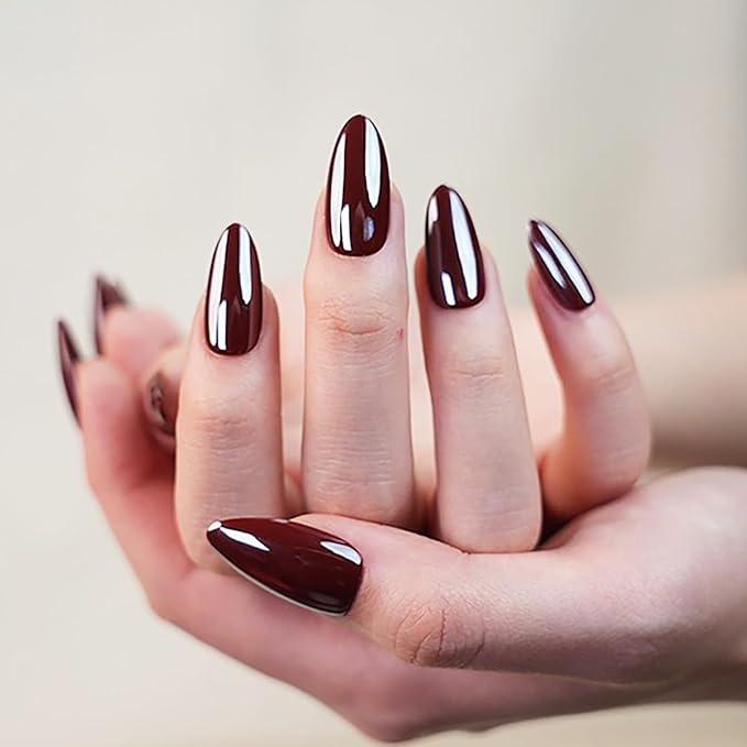 30Pcs Almond Press On Nails - Supremely Fit & Natural Soft Gel Almond Nails,15 Sizes, Reusable Fake Nails Kit with Gift Box for Women (Red Brown)