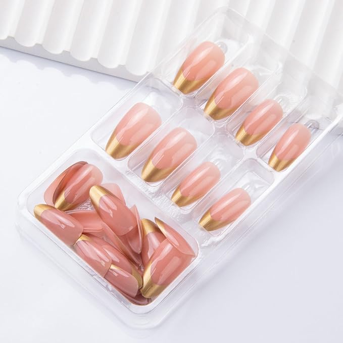 Gold French Tips Press on Nails Medium Almond Fake Nails Glossy Chrome False Nails Golden French Nail Tips Metal Acrylic Nails Full Cover Stick on Nail for Women Decoration 24Pcs