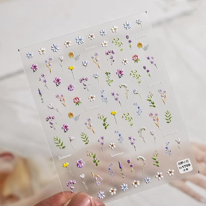 Nail Stickers, 3 Sheets 5D Embossed Art Decals, Self-Adhesive Sticker Charms for Manicure Pedicure, Butterfly Floral, Multicolor