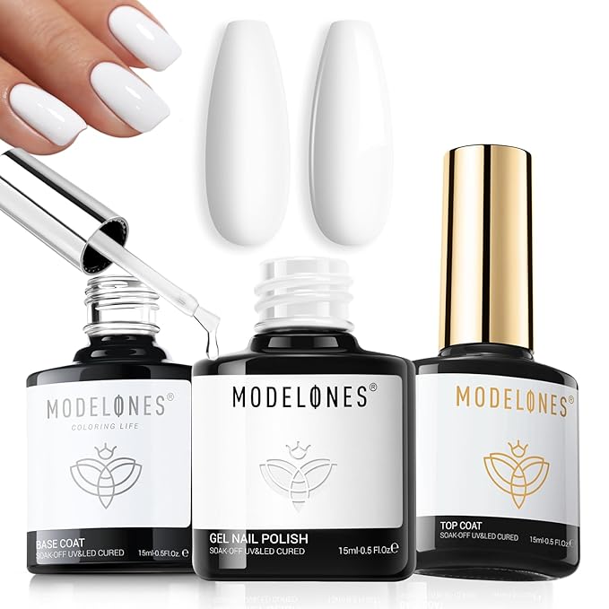 modelones Gel Top Coat Base Coat and White Gel Nail Polish 3 Pcs No Wipe Spring Gel Polish Set, Soak Off Nail Lamp Acid Free No Wipe Clear Base Top Gel Nail Polish Art Manicure Gifts for Women