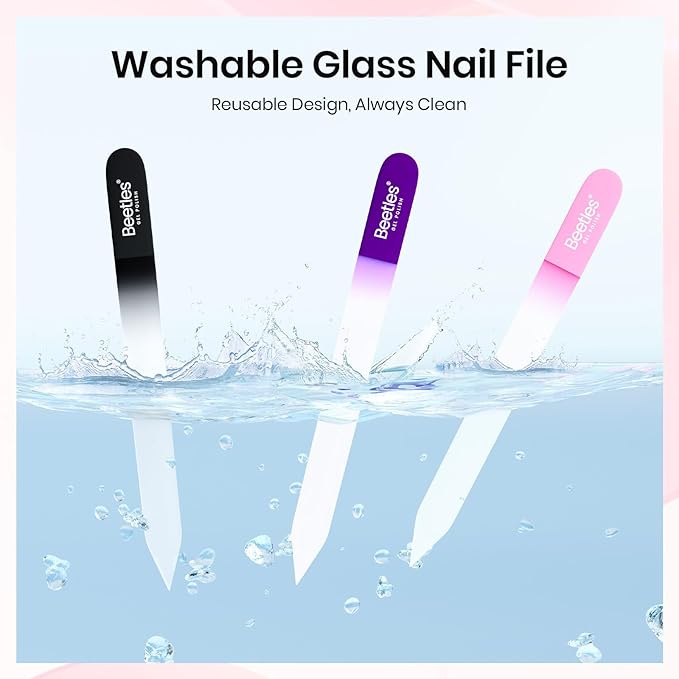 Beetles Glass Nail File for Natural Nails 3 Pack – Double-Sided Crystal Nail Files with Case Etched Gentle Nails Care for Shaping & Polishing Manicure, Washable Reusable Glass Fingernail Files