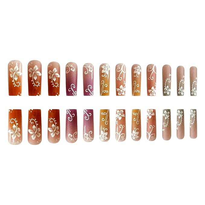 Press on Nails Long Square MABKJLF Summer Fake Nails Rainbow Full Cover False Nails with White Flower Designs Glossy Stick on Nails Artificial Acrylic Nails for Women Girls 24 Pcs