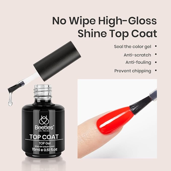 Beetles Gel Polish Base Gel Top Coat Set, 2Pcs 15ML Clear Base and No Wipe Top Coat Soak Off UV LED Glossy Shine Finish Long Lasting DIY Nail Salon Manicure Gift for Women