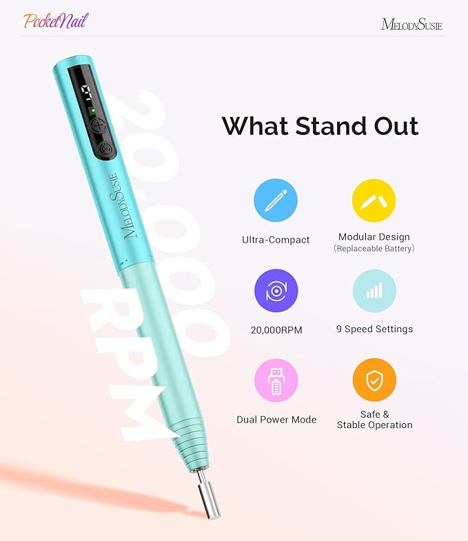 MelodySusie PocketNail Pen-Shaped Cordless Modular Nail Drill, Extended Kit, PC100GR 20000RPM Slim Portable Rechargeable Electric File for Nail Care & Gel Removal at Home for Beginners, Light Blue