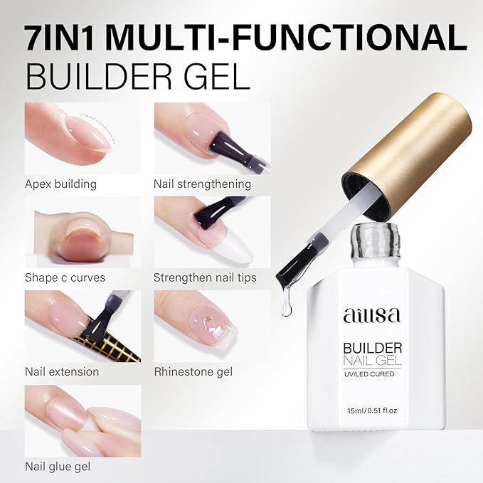 AILLSA Clear Builder Gel 7 In 1 Hard Gel Polish for Thickening Natural Nails Transparent Extension Gels Strengthener Gels Nail Polish Rhinestone Glue for Nail Art Base Coat Needed 0.51 Oz
