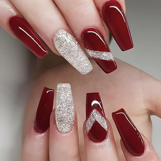 Coffin Press on Nails Long Red Stick on Nail Tips Nails Press ons with Sparkly Glitter Press on False Nails for Women 24pcs