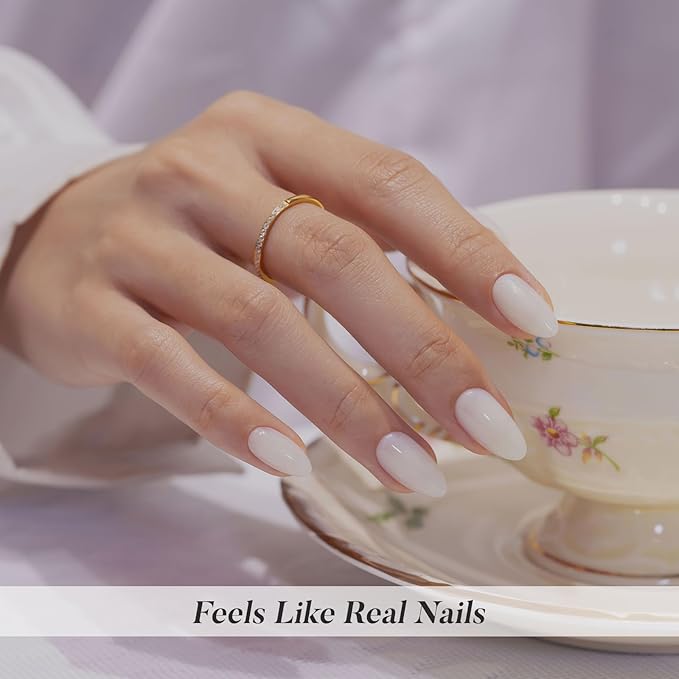 White Press on Nails Short - SHANGMENG Soft Gel Almond Press on Nails for Women Gift, Fit Perfectly & Natural Glue on Nails in 16 Sizes - 32 Reusable Fake Nails with Glue, Milky White