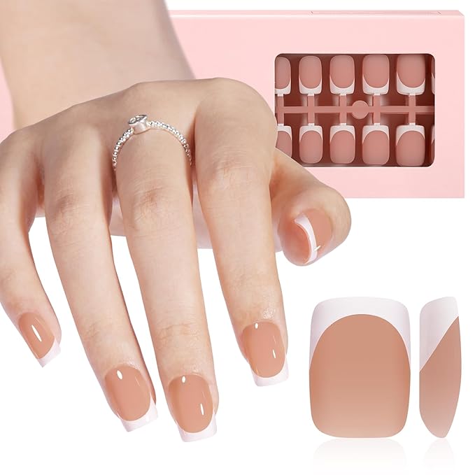 AILLSA French Gel Nail Tips, 192 Pcs Short French Tip Press On Nails Brown, Pre-Applied Primer & Base Coat, No Need File, French Nails Tips Square, Fake Nails with Designs DIY for Women Gift 16 Sizes