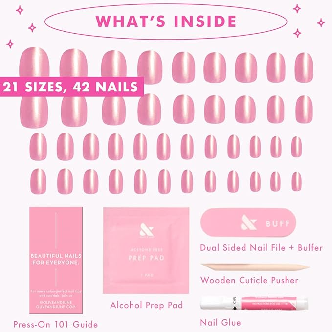 Olive & June Instant Mani Press-On Nails (Glue) | 42 Fake Nails, 21 Sizes | Non-Toxic, Long-Lasting Recycled Materials Realistic Look | Salon-Quality at Home | Extra Short, Round | Baby Starfish