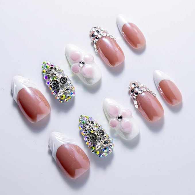 10 Pieces Handmade Press On Nails Medium Almond, White Thickened False French Nails, Rhinestone And Flower, Reusable Fake Nails Almond, Reusable Acrylic Nails (M)