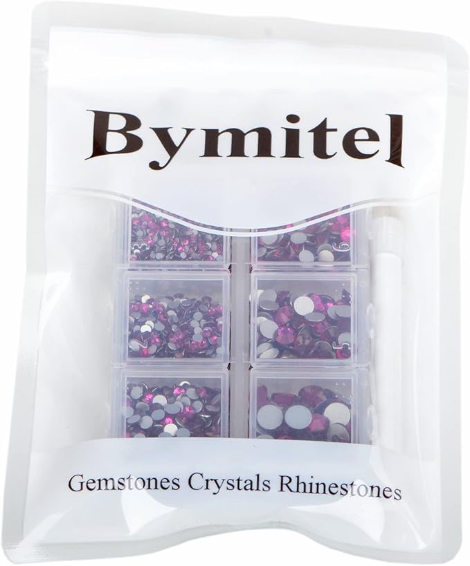 Bymitel 5000 Pieces 6 Mixed Sizes Glue Fix on Glass Rhinestones Round Crystal Gems Flatback for DIY Jewelry Making with one Picking Pen(6-Sizes 5000PCS, Fuchsia)