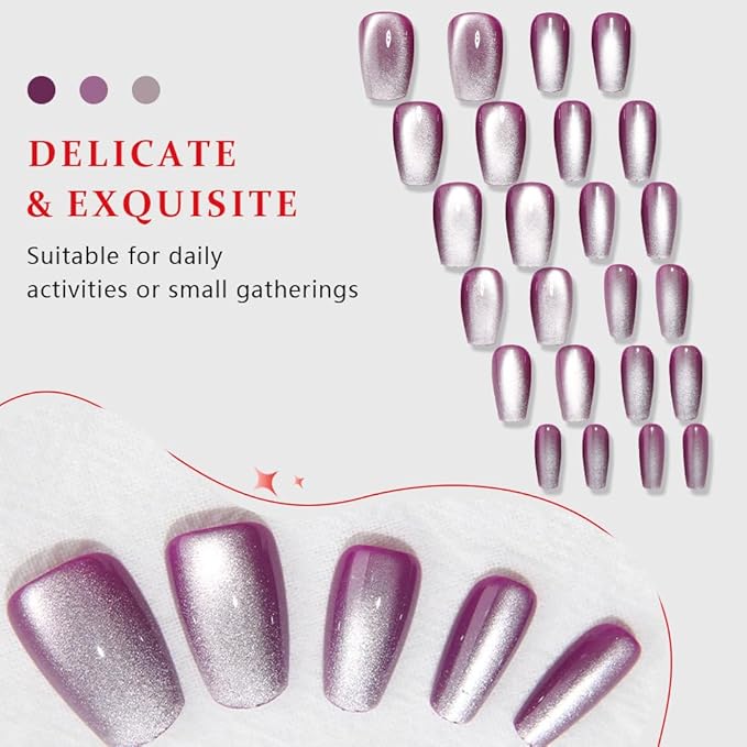 evpct Purple Cat Eye Coffin Press on Nails Square Medium, Medium Square Stick on Nails for Women Gift, Lavender Purple Metallic Glitter Glossy Reusable Summer Press on Fake Nail with Designs, 24Pcs