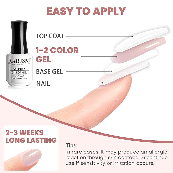 RARJSM Nude Glitter Pink Gel Polish Sparkle Pink Gold Shimmer Pigment Jelly Gel Nail Polish Sheer Transparent Neutral Color Skin Tone 15ml Natural Soak off UV LED Cured for Home Salon DIY Nail Art