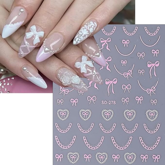 6Sheets Star Bow Nail Stickers 3D Self Adhesive Black White Pink Bows Heart Nail Decals Lace French Tip Nails Art Stickers Cute Bow Charms Sticker Star Nails Design Supplies for Women Girls Manicure