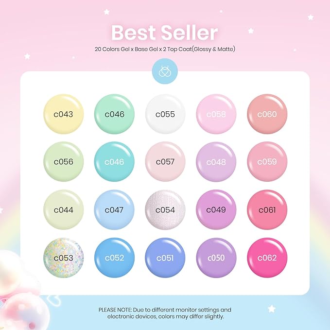 beetles Pastel Gel Nail Polish Set - 20 Colors Spring Gel Nail Kit Dreamy Town Collection Macaroon Pink Yellow Green Blue Glitter Manicure Kit with 3Pcs Base Top Coat Uv LED Easter Gift for Women